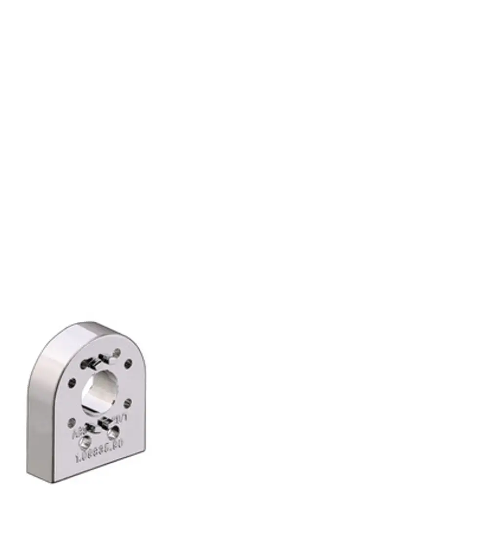 Metallische Distanzscheibe mit gebogener Oberseite und Loch für Montage. Produkt von Hansgrohe, geeignet für Sanitärinstallationen.